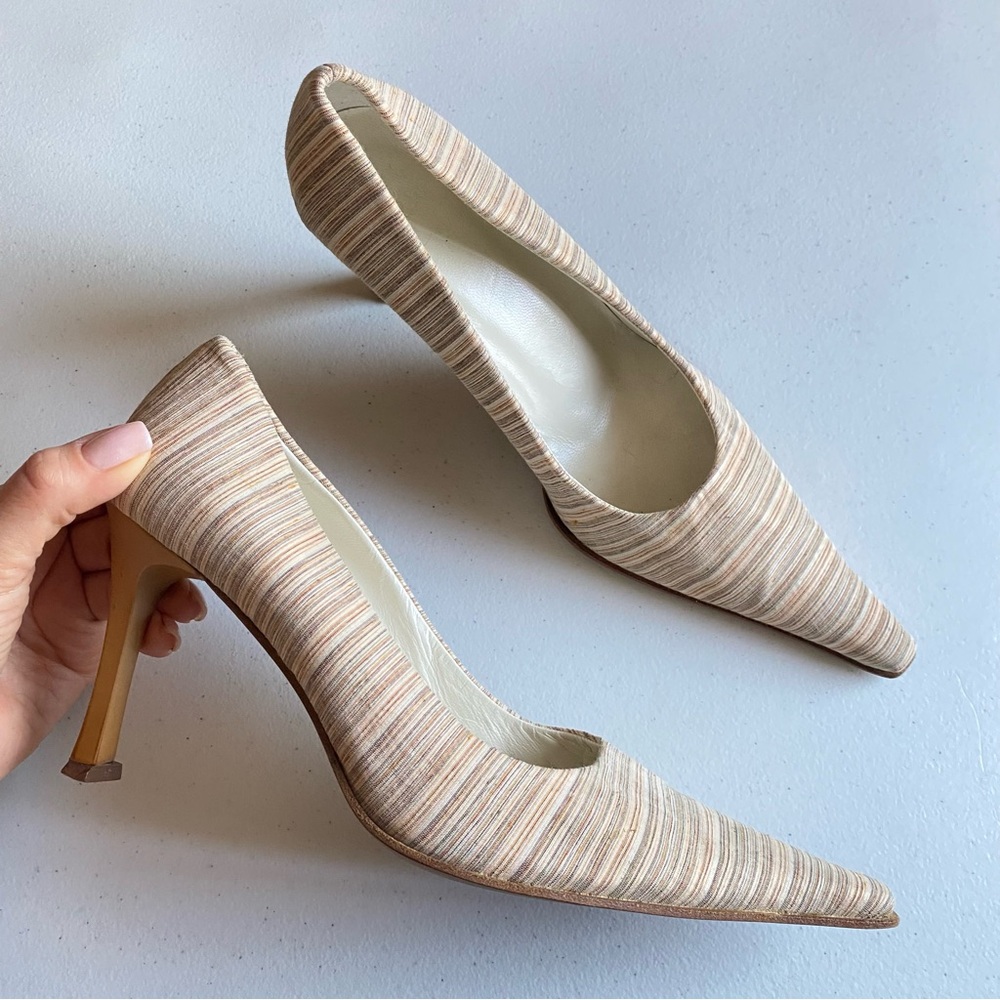 Droite Size 37 Italian Leather Cotton Canvas Striped Pointed Toe Stiletto Heel